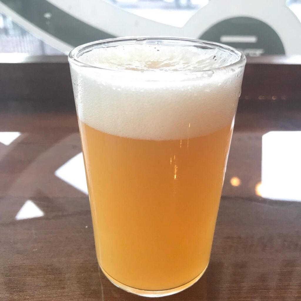 Image of an East Hazy IPA in a beer glass.